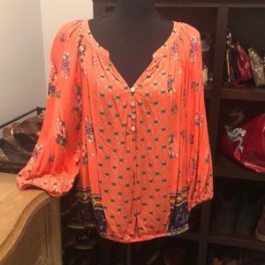 Figueroa & Flower Coral Floral Pull Over V-Neck Blouse, size XL